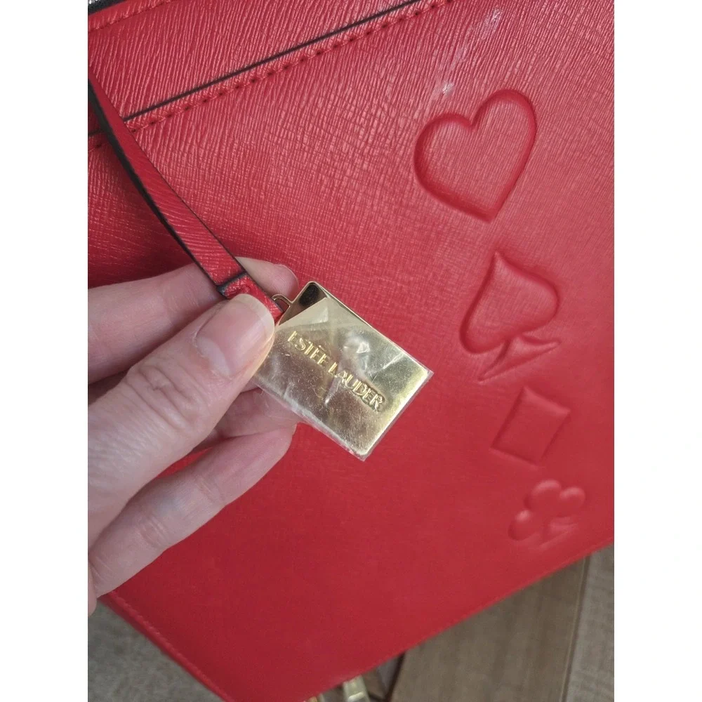 Estee Lauder‎ Red w/Gold Zipper & Playing Cards Symbols Cosmetic Makeup Case NEW